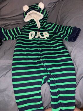 GAP Navy and Green Striped Fleece Hooded One-Piece